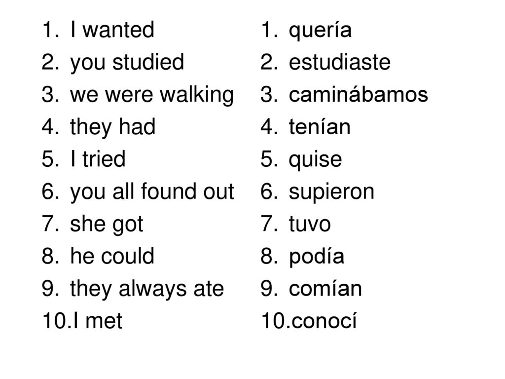 I wanted you studied. we were walking. they had. I tried. you all found out. she got. he could.