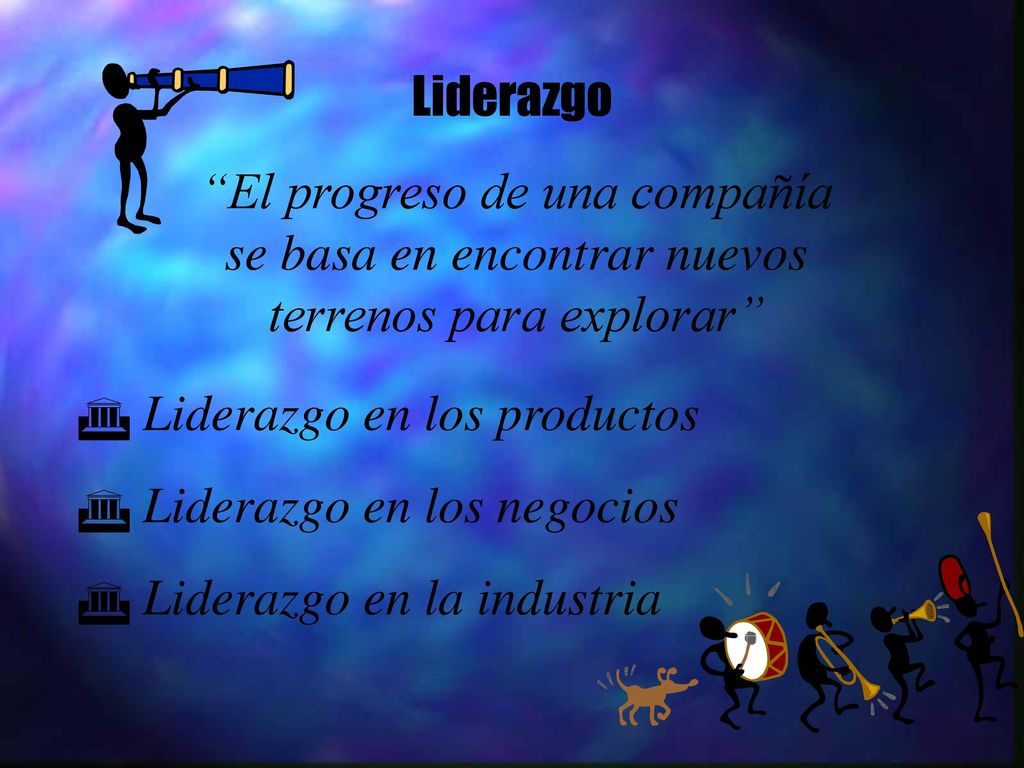 Liderazgo El progreso de una compañía se basa en encontrar nuevos terrenos para explorar Liderazgo en los productos.