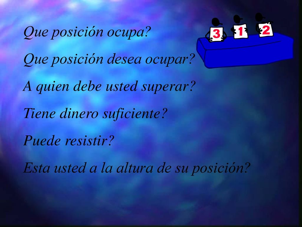 Que posición ocupa Que posición desea ocupar A quien debe usted superar Tiene dinero suficiente
