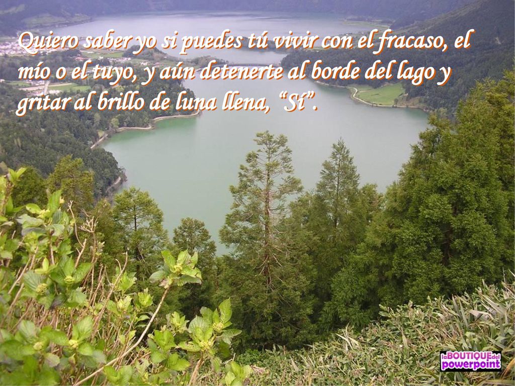 Quiero saber yo si puedes tú vivir con el fracaso, el mío o el tuyo, y aún detenerte al borde del lago y gritar al brillo de luna llena, Sí .