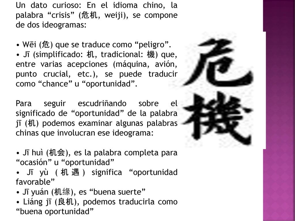 Un dato curioso: En el idioma chino, la palabra crisis (危机, weiji), se compone de dos ideogramas: