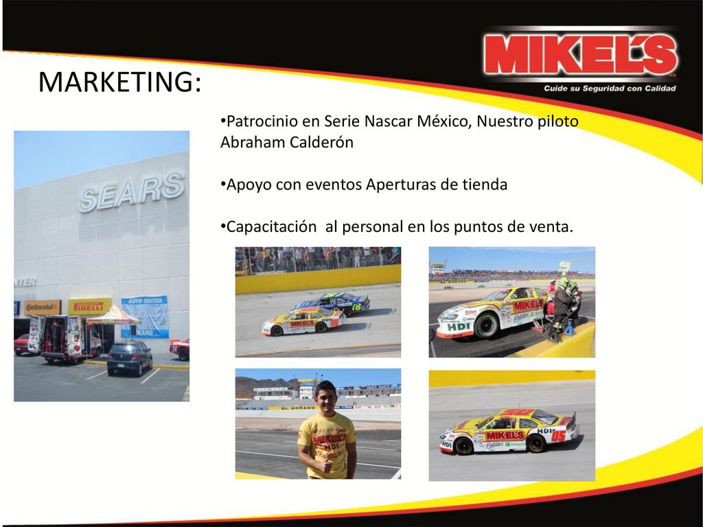 MARKETING: Patrocinio en Serie Nascar México, Nuestro piloto Abraham Calderón. Apoyo con eventos Aperturas de tienda.