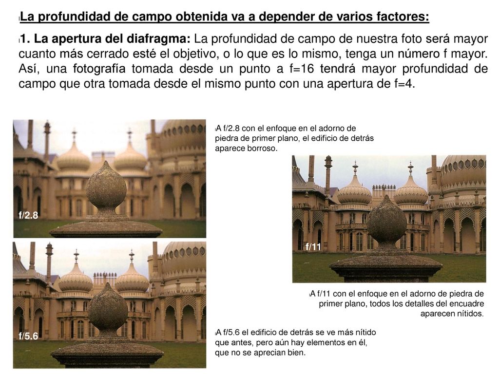 La profundidad de campo obtenida va a depender de varios factores: