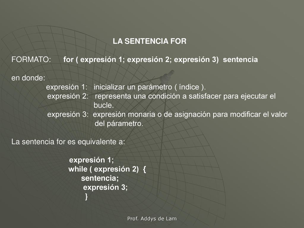 FORMATO: for ( expresión 1; expresión 2; expresión 3) sentencia