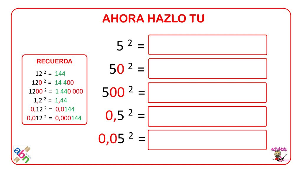 AHORA HAZLO TU 5 2 = 50 2 = = 0,5 2 = 0,05 2 = RECUERDA