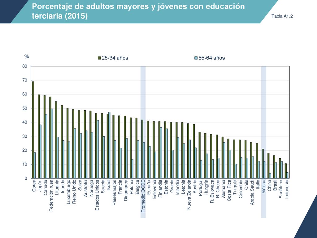 Porcentaje de adultos mayores y jóvenes con educación terciaria (2015)