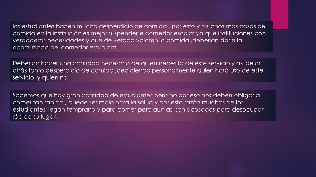 los estudiantes hacen mucho desperdicio de comida , por esto y muchos mas casos de comida en la institución es mejor suspender e comedor escolar ya que instituciones con verdaderas necesidades y que de verdad valoren la comida ,deberían darle la oportunidad del comedor estudiantil