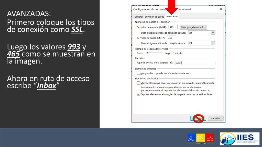 AVANZADAS: Primero coloque los tipos de conexión como SSL. Luego los valores 993 y 465 como se muestran en la imagen.