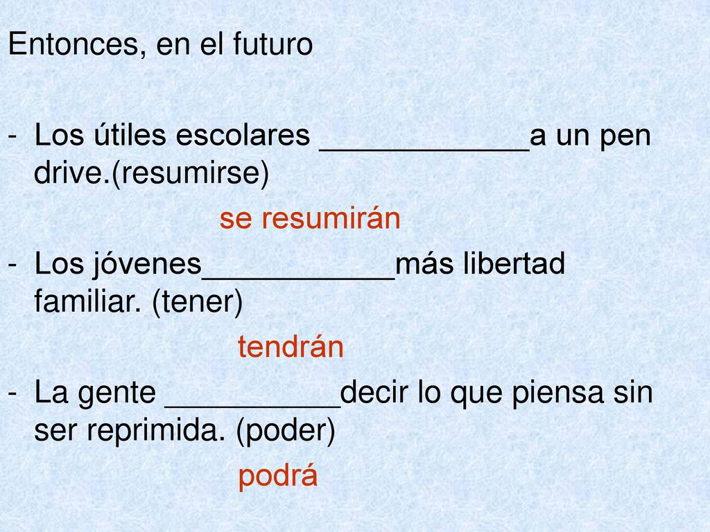 Entonces, en el futuro Los útiles escolares ____________a un pen drive.(resumirse) se resumirán.