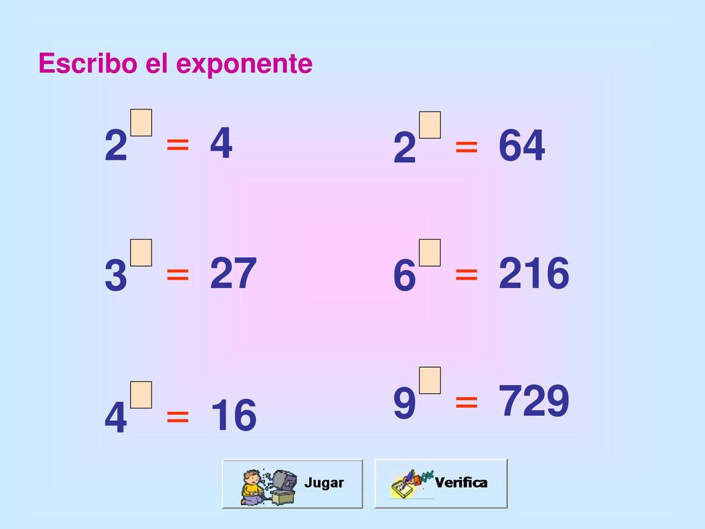 Escribo el exponente = 2 4 = 2 64 = 27 = = = 4 16