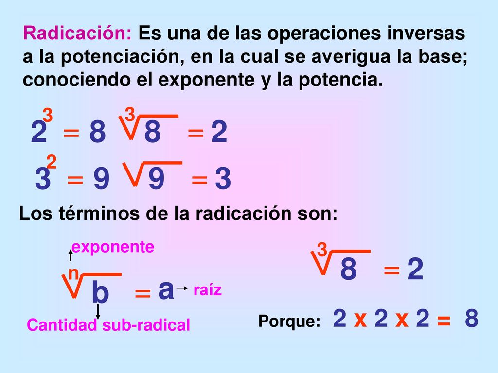 Radicación: Es una de las operaciones inversas a la potenciación, en la cual se averigua la base; conociendo el exponente y la potencia.