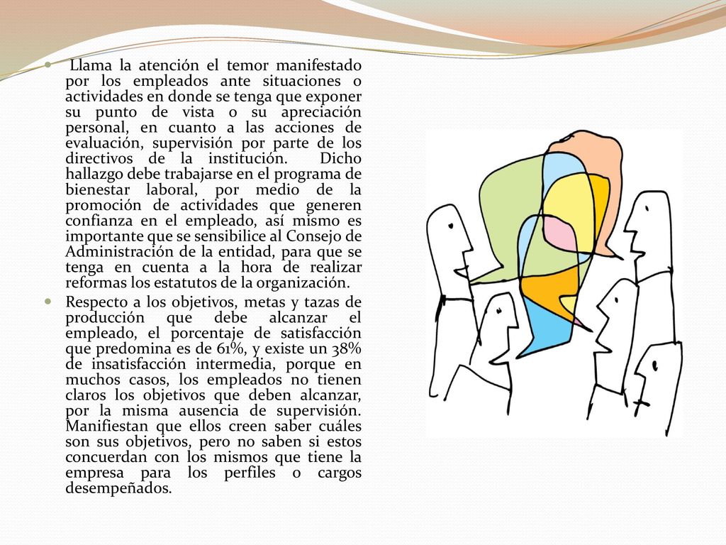 Llama la atención el temor manifestado por los empleados ante situaciones o actividades en donde se tenga que exponer su punto de vista o su apreciación personal, en cuanto a las acciones de evaluación, supervisión por parte de los directivos de la institución. Dicho hallazgo debe trabajarse en el programa de bienestar laboral, por medio de la promoción de actividades que generen confianza en el empleado, así mismo es importante que se sensibilice al Consejo de Administración de la entidad, para que se tenga en cuenta a la hora de realizar reformas los estatutos de la organización.