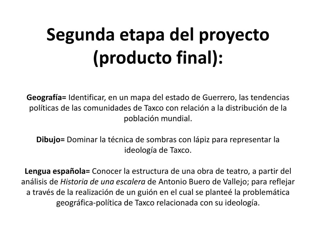 Segunda etapa del proyecto (producto final): Geografía= Identificar, en un mapa del estado de Guerrero, las tendencias políticas de las comunidades de Taxco con relación a la distribución de la población mundial.