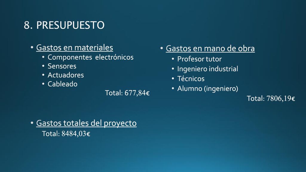 8. PRESUPUESTO Gastos en materiales Gastos en mano de obra