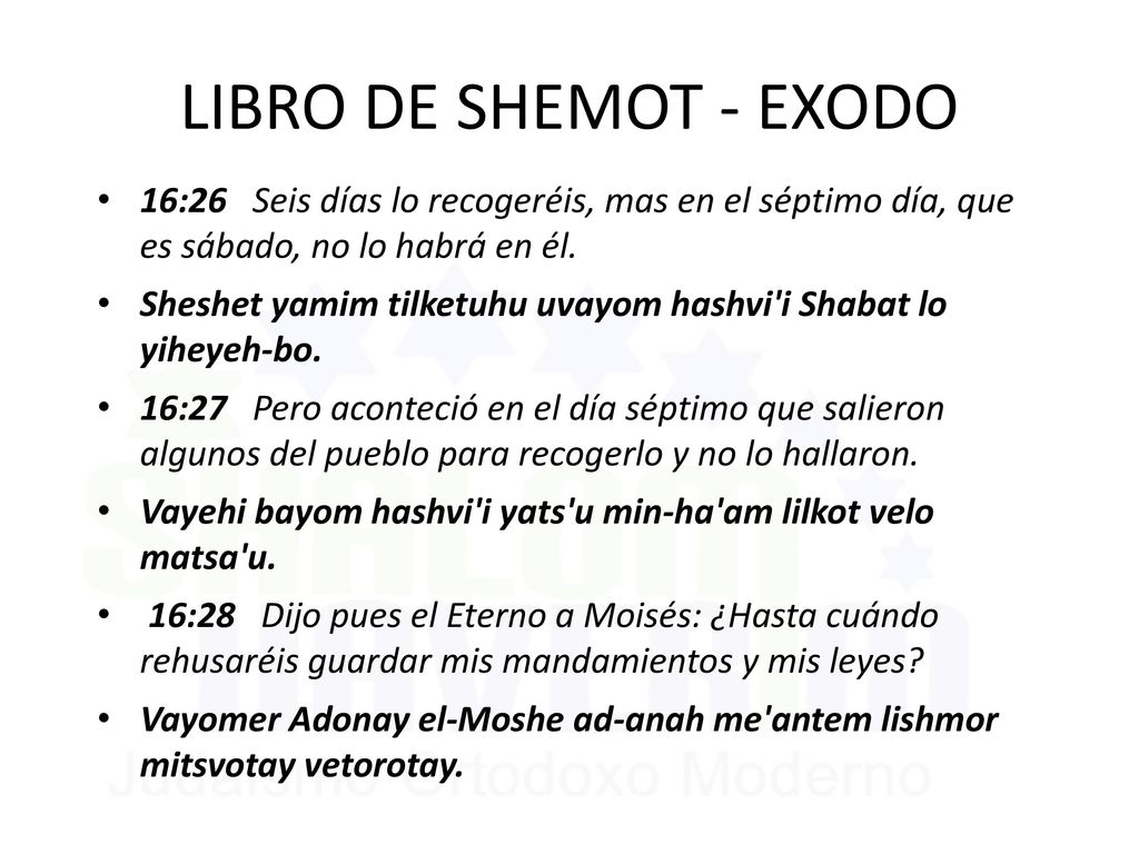 LIBRO DE SHEMOT - EXODO 16:26 Seis días lo recogeréis, mas en el séptimo día, que es sábado, no lo habrá en él.