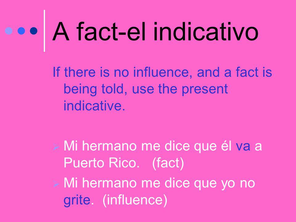 A fact-el indicativo If there is no influence, and a fact is being told, use the present indicative.