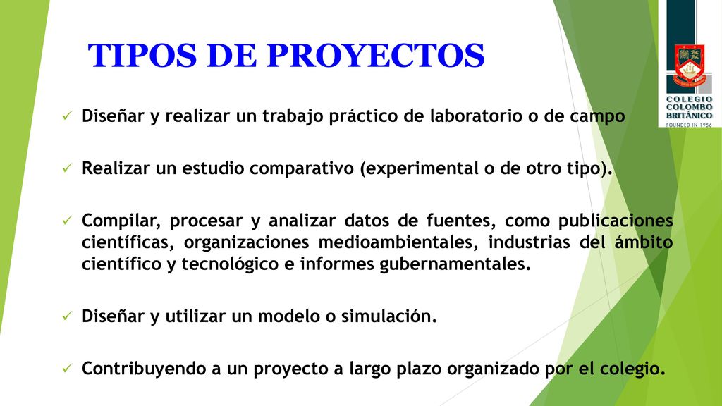 TIPOS DE PROYECTOS Diseñar y realizar un trabajo práctico de laboratorio o de campo. Realizar un estudio comparativo (experimental o de otro tipo).