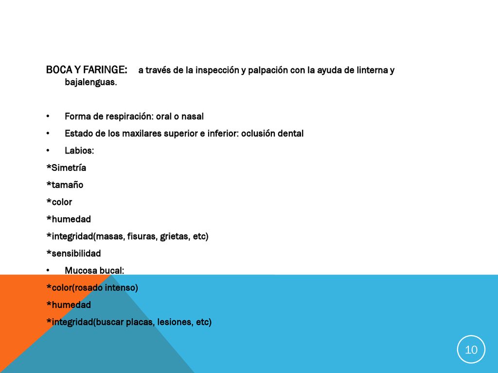BOCA Y FARINGE: a través de la inspección y palpación con la ayuda de linterna y bajalenguas.