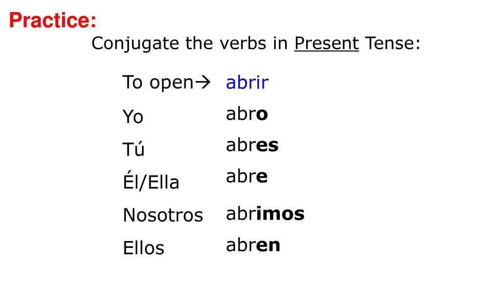 Practice: To open abrir abro Yo Tú Él/Ella Nosotros Ellos abres abre