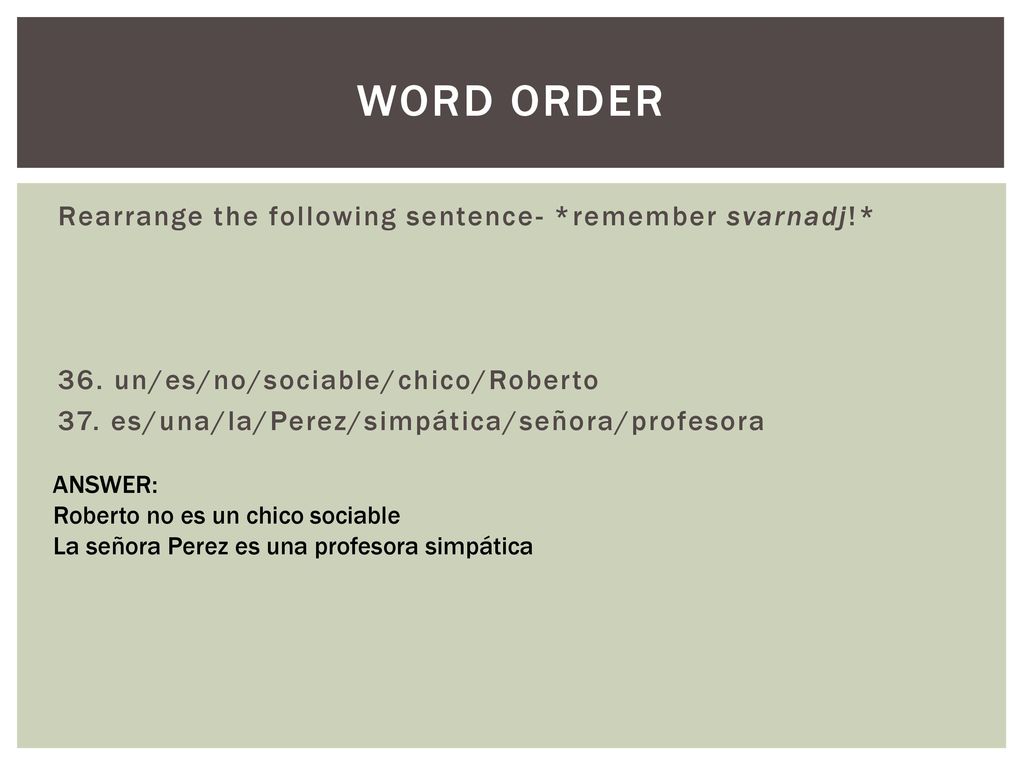 Word order Rearrange the following sentence- *remember svarnadj!*