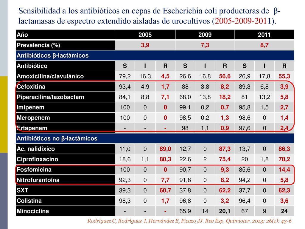 Sensibilidad a los antibióticos en cepas de Escherichia coli productoras de β-lactamasas de espectro extendido aisladas de urocultivos ( ).