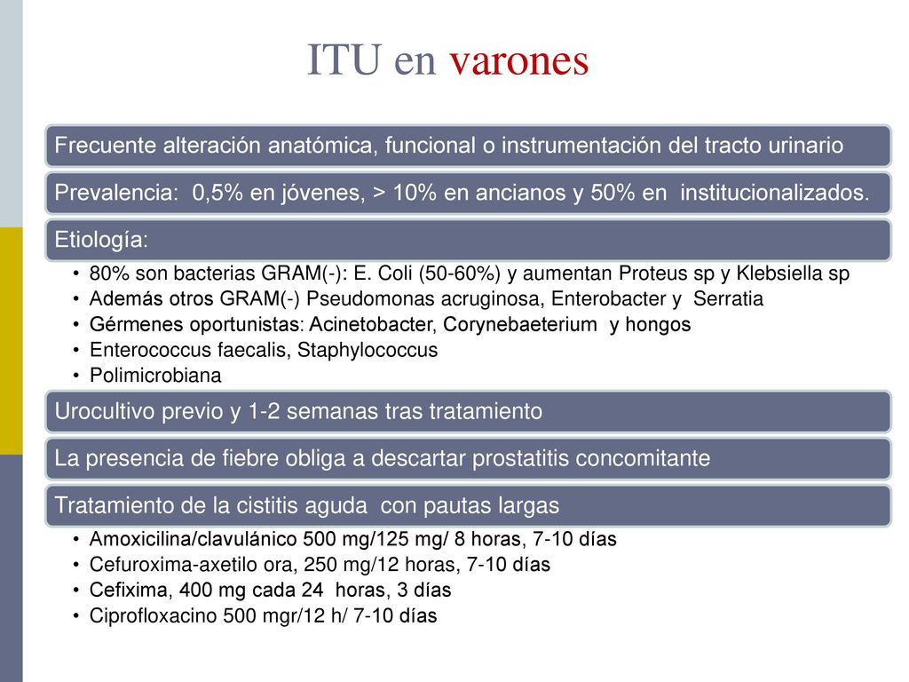 ITU en varones Frecuente alteración anatómica, funcional o instrumentación del tracto urinario.
