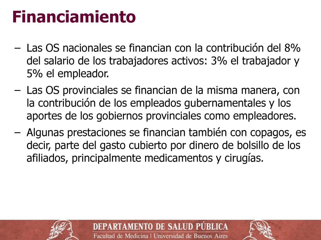 Financiamiento Las OS nacionales se financian con la contribución del 8% del salario de los trabajadores activos: 3% el trabajador y 5% el empleador.
