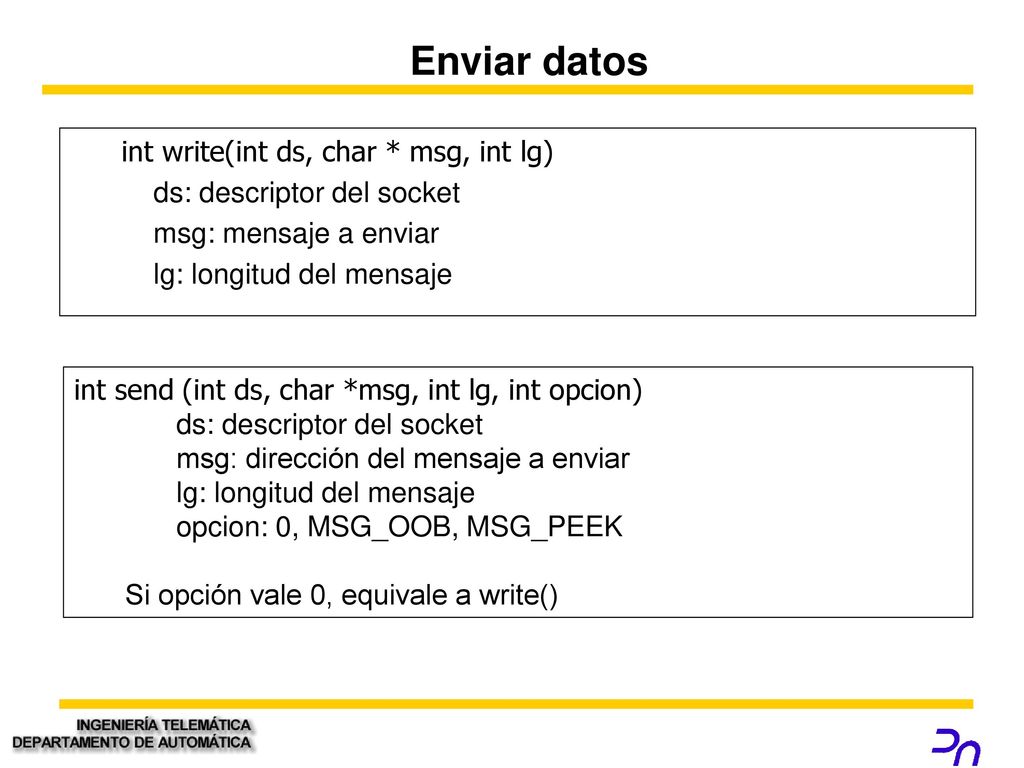 Enviar datos int write(int ds, char * msg, int lg)
