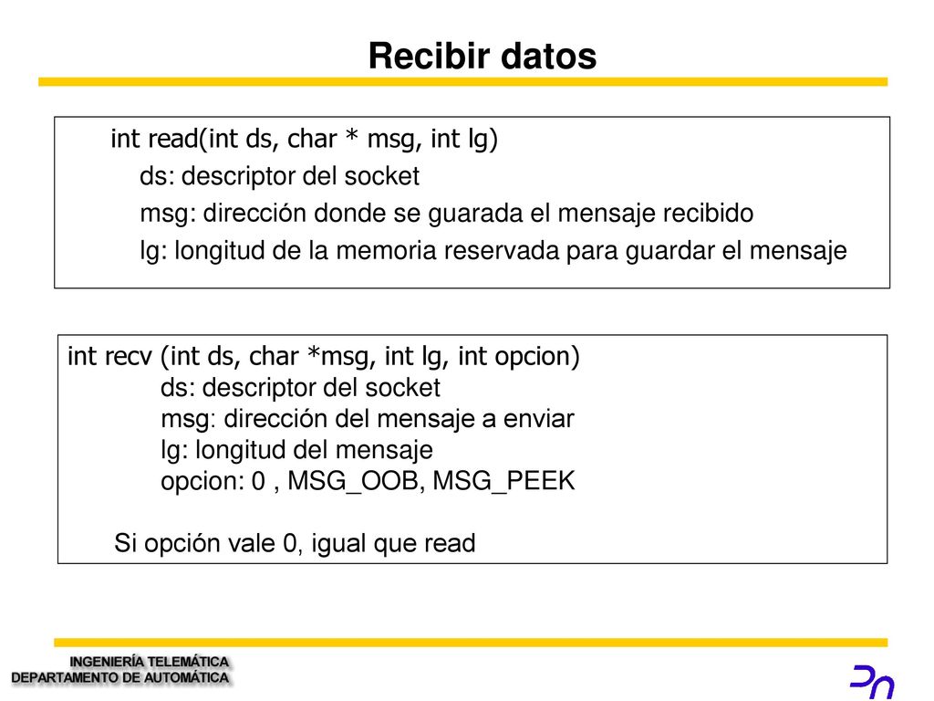 Recibir datos int read(int ds, char * msg, int lg)