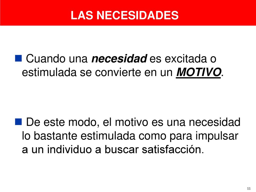 LAS NECESIDADES Cuando una necesidad es excitada o estimulada se convierte en un MOTIVO.