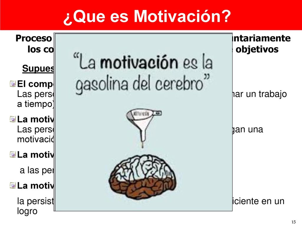 ¿Que es Motivación Proceso que origina, estimula y direcciona voluntariamente los comportamientos hacia la realización de objetivos.