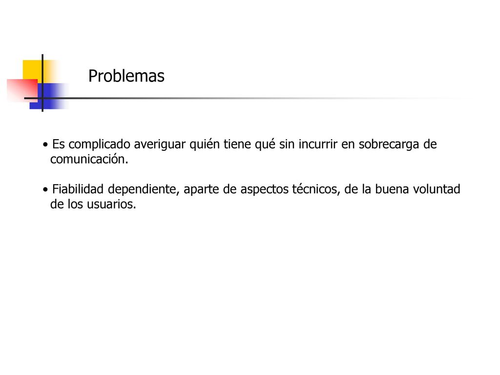Problemas Es complicado averiguar quién tiene qué sin incurrir en sobrecarga de. comunicación.