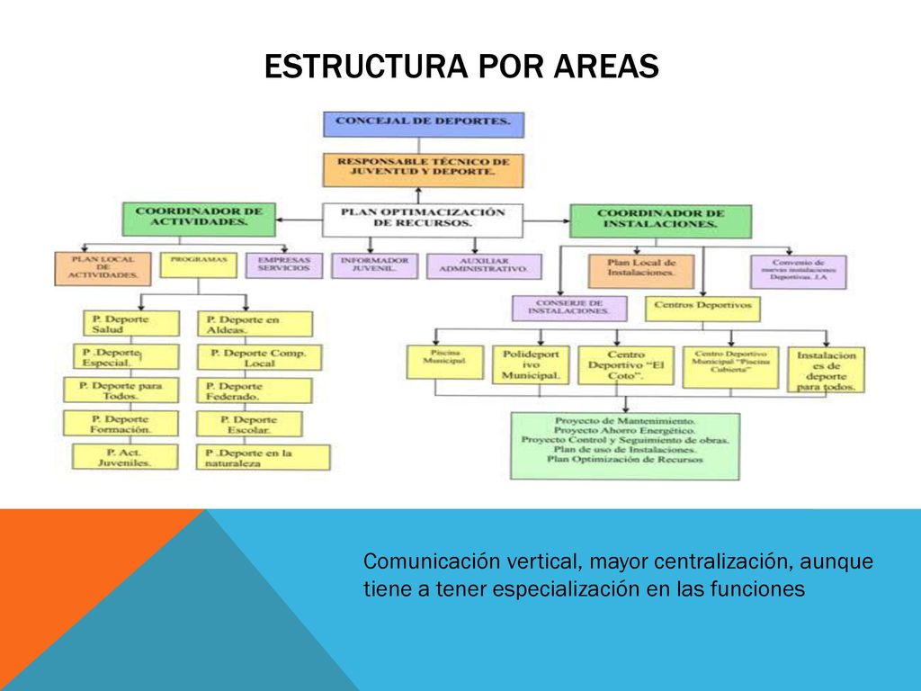 ESTRUCTURA POR AREAS Comunicación vertical, mayor centralización, aunque tiene a tener especialización en las funciones.