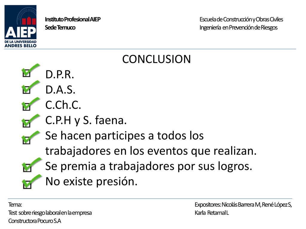 CONCLUSION D.P.R. D.A.S. C.Ch.C. C.P.H y S. faena. Se hacen participes a todos los trabajadores en los eventos que realizan.