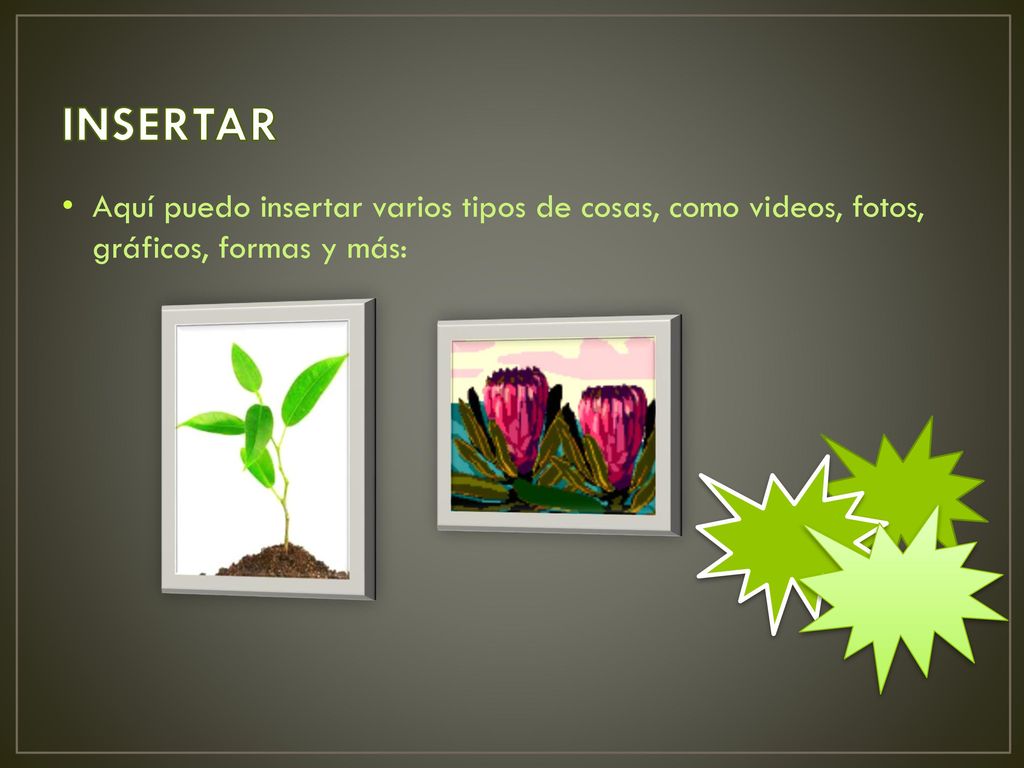 INSERTAR Aquí puedo insertar varios tipos de cosas, como videos, fotos, gráficos, formas y más:
