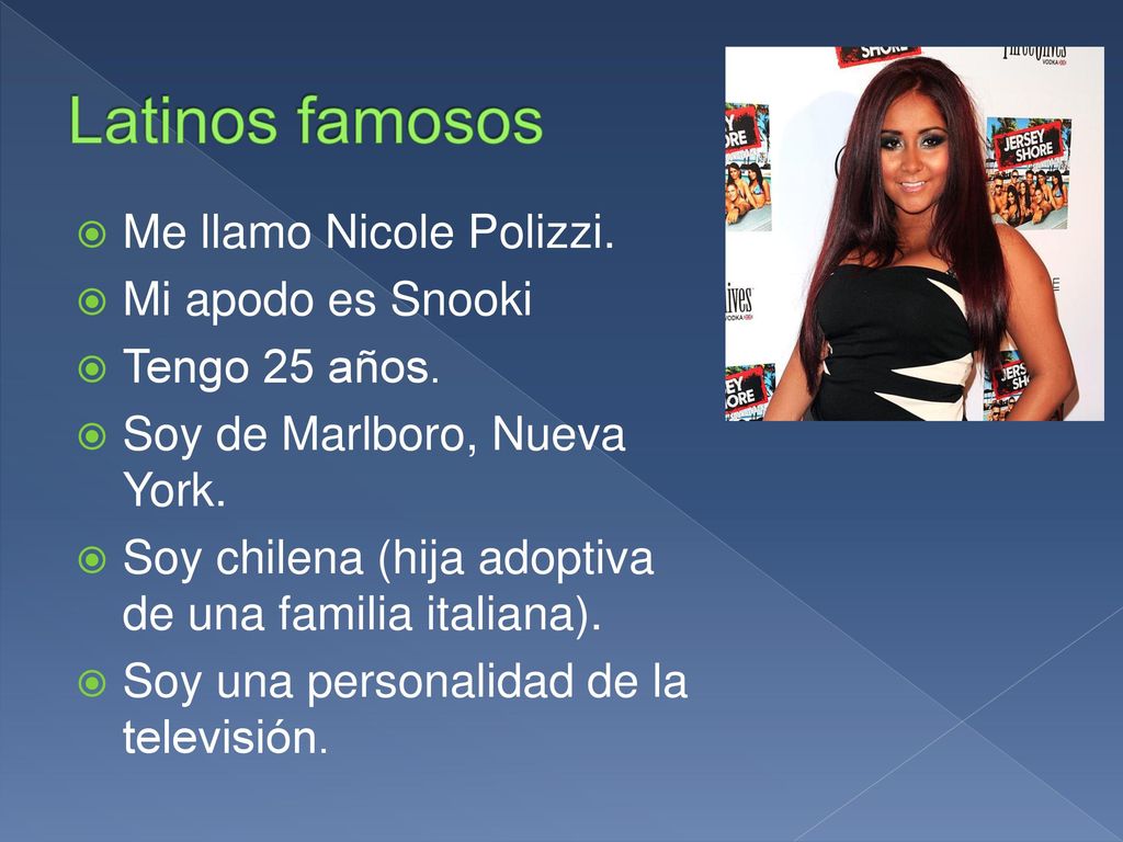 Latinos famosos Me llamo Nicole Polizzi. Mi apodo es Snooki