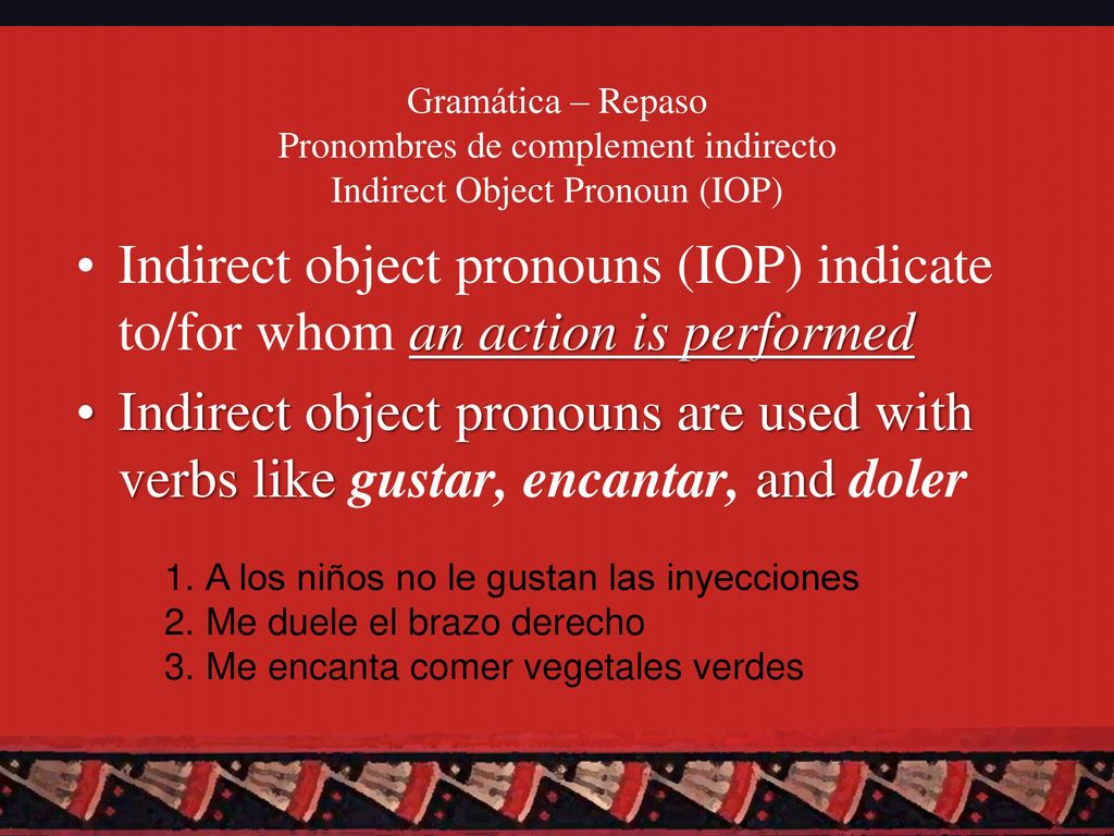 Gramática – Repaso Pronombres de complement indirecto Indirect Object Pronoun (IOP)