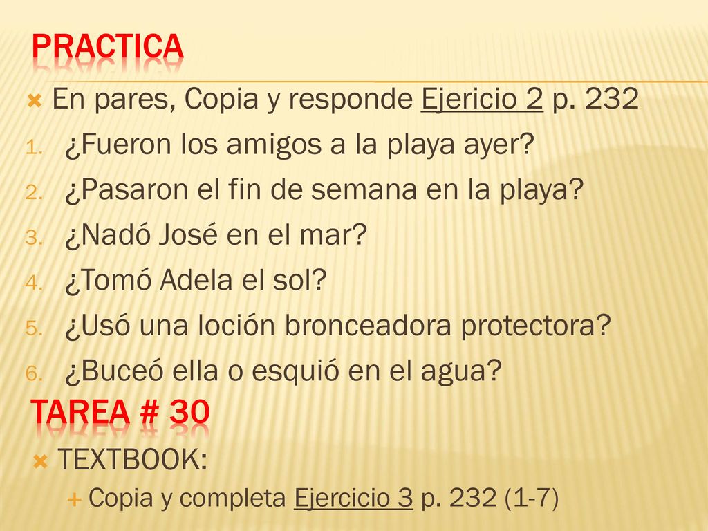 Practica Tarea # 30 En pares, Copia y responde Ejericio 2 p. 232