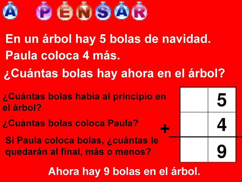 En un árbol hay 5 bolas de navidad. Paula coloca 4 más.