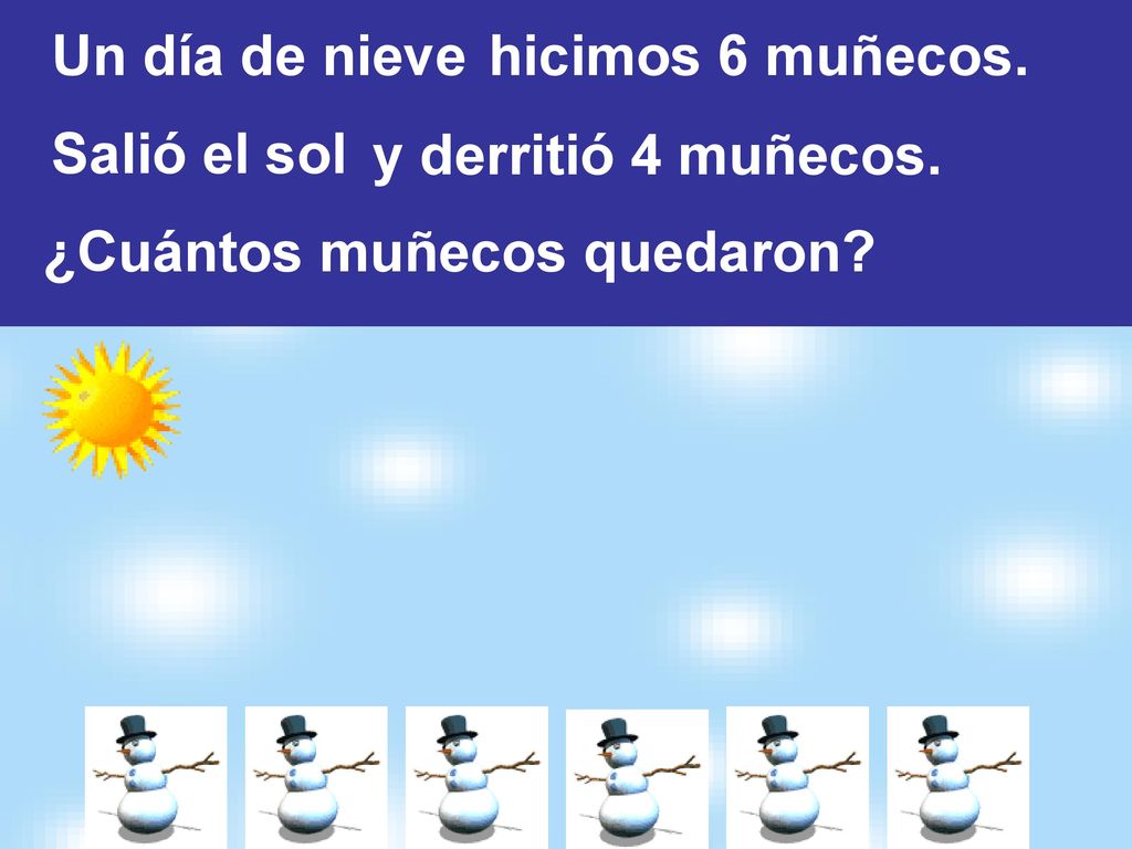 Un día de nieve hicimos 6 muñecos. Salió el sol y derritió 4 muñecos. ¿Cuántos muñecos quedaron