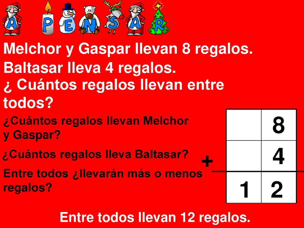 Melchor y Gaspar llevan 8 regalos. Baltasar lleva 4 regalos.