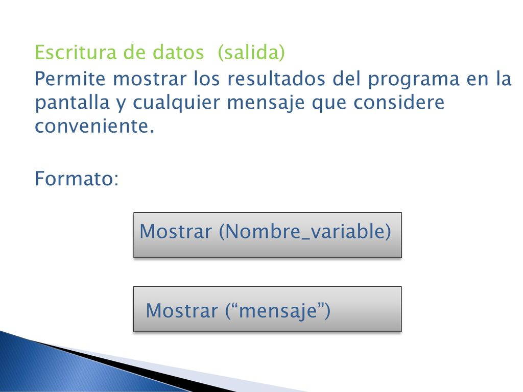 Escritura de datos (salida) Permite mostrar los resultados del programa en la pantalla y cualquier mensaje que considere conveniente.