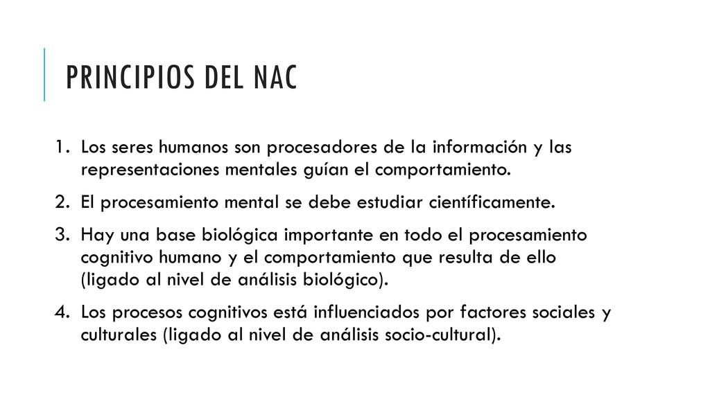 Principios del nAC Los seres humanos son procesadores de la información y las representaciones mentales guían el comportamiento.