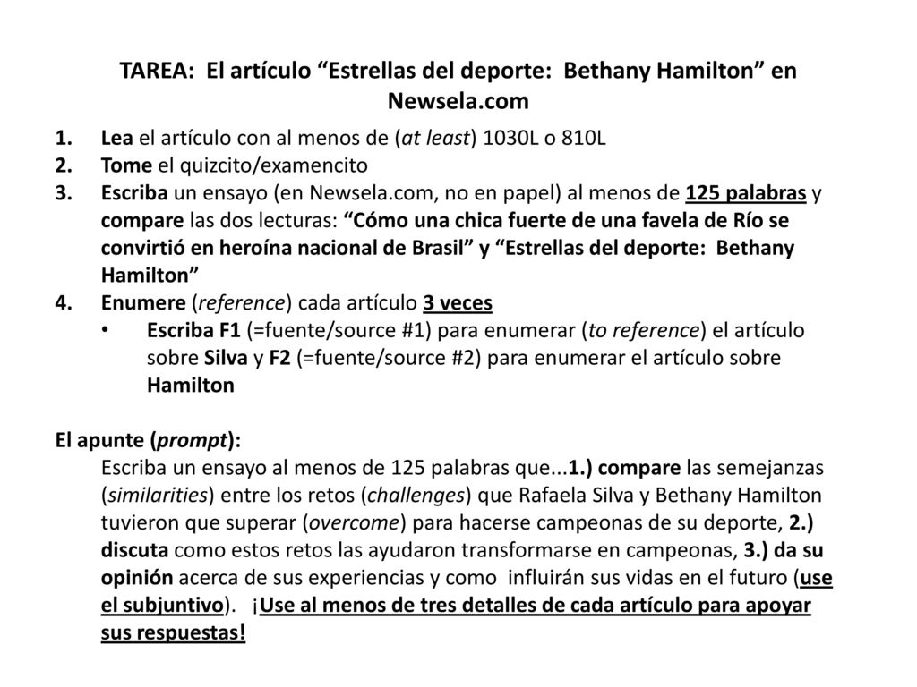 TAREA: El artículo Estrellas del deporte: Bethany Hamilton en Newsela.com