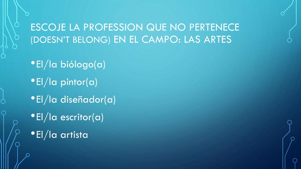 Escoje La Profession que no pertenece (doesn’t belong) en el campo: Las Artes