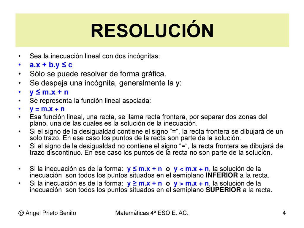 RESOLUCIÓN a.x + b.y ≤ c Sólo se puede resolver de forma gráfica.