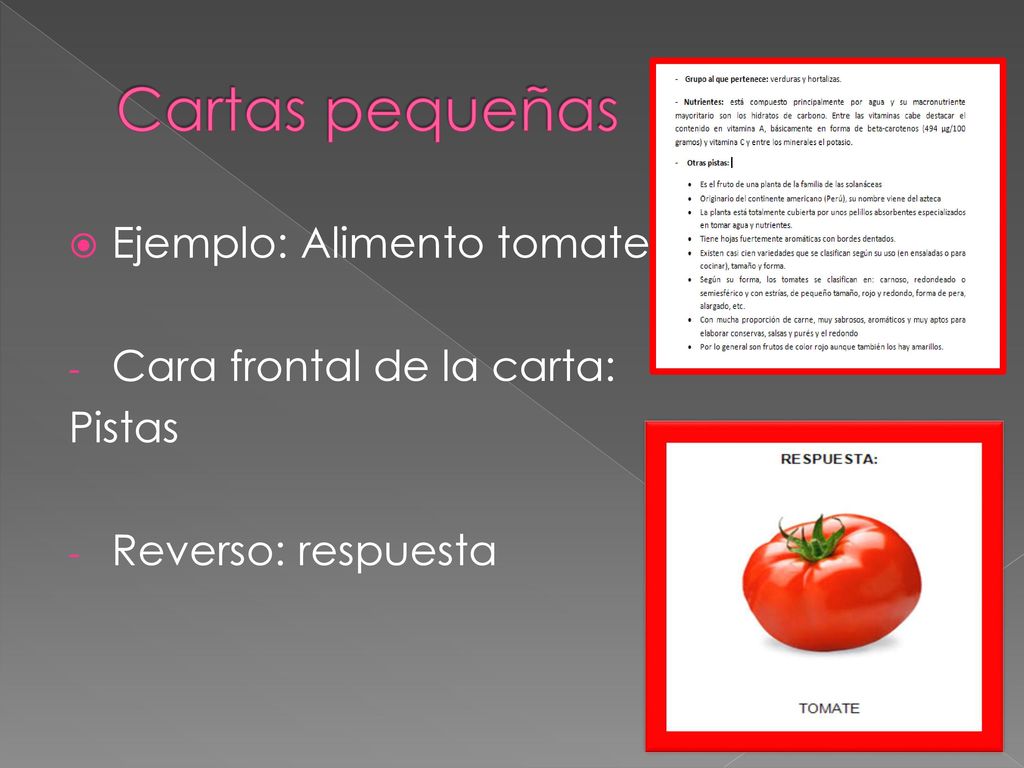 Cartas pequeñas Ejemplo: Alimento tomate Cara frontal de la carta:
