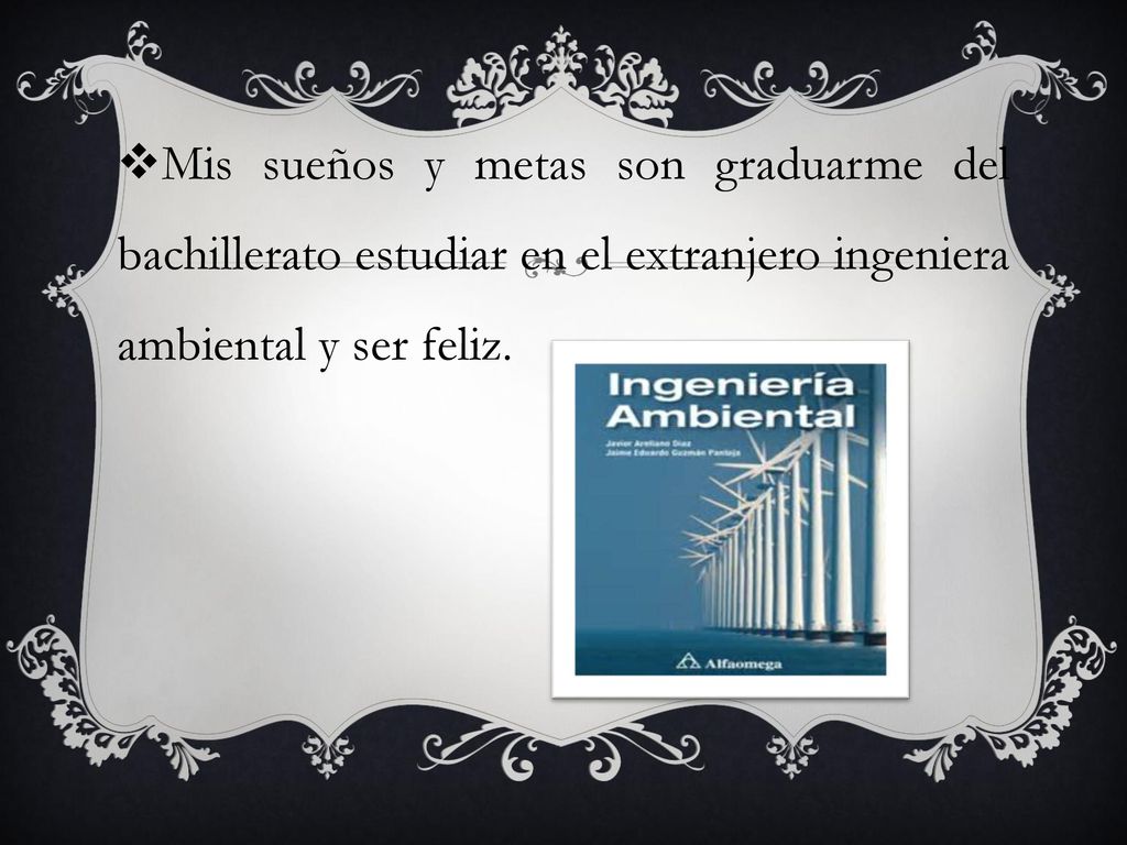 Mis sueños y metas son graduarme del bachillerato estudiar en el extranjero ingeniera ambiental y ser feliz.