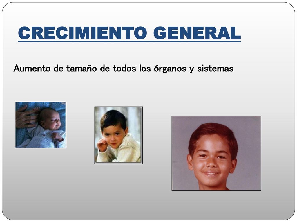 CRECIMIENTO GENERAL Aumento de tamaño de todos los órganos y sistemas