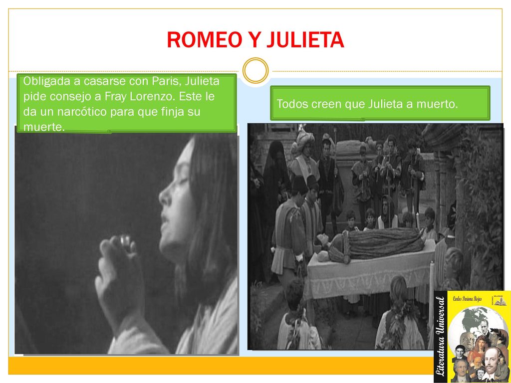 ROMEO Y JULIETA Obligada a casarse con Paris, Julieta pide consejo a Fray Lorenzo. Este le da un narcótico para que finja su muerte.